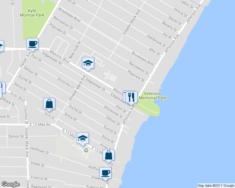 map of restaurants, bars, coffee shops, grocery stores, and more near 23304 Masonic in St. Clair Shores