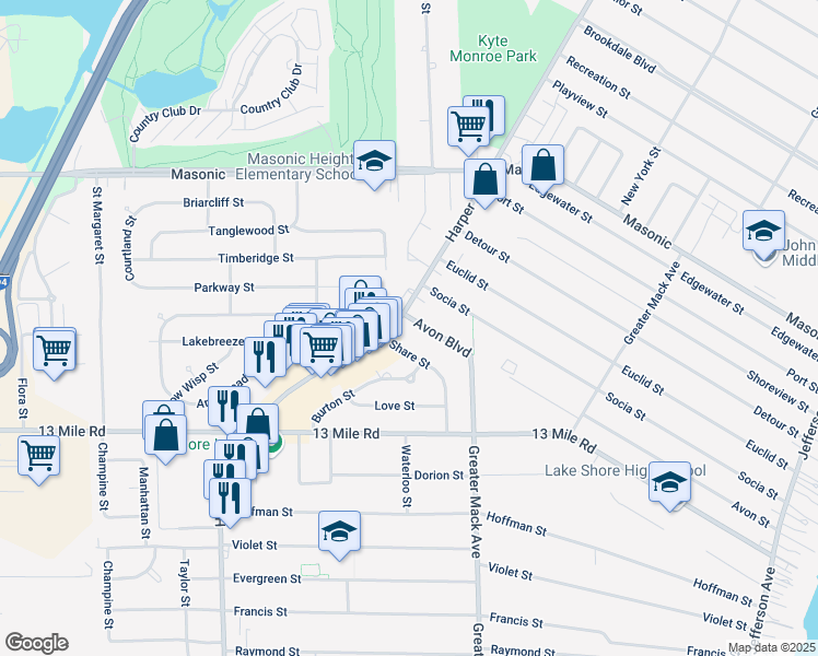 map of restaurants, bars, coffee shops, grocery stores, and more near 31630 Harper Avenue in Saint Clair Shores