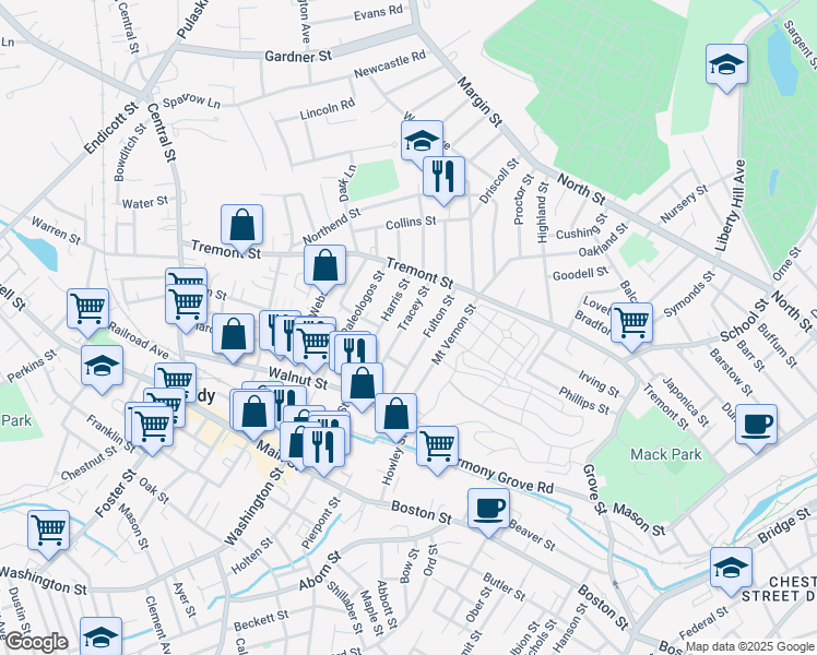 map of restaurants, bars, coffee shops, grocery stores, and more near 47 Tracey Street in Peabody