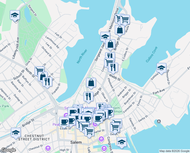 map of restaurants, bars, coffee shops, grocery stores, and more near 48 Northey Street in Salem