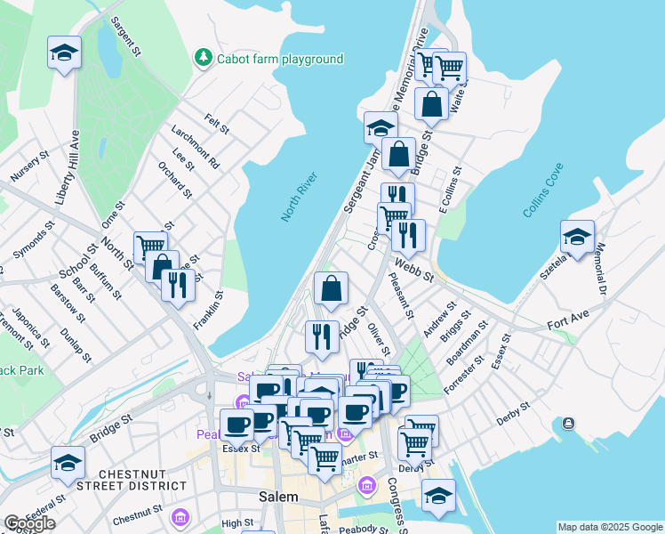 map of restaurants, bars, coffee shops, grocery stores, and more near 48 Northey Street in Salem