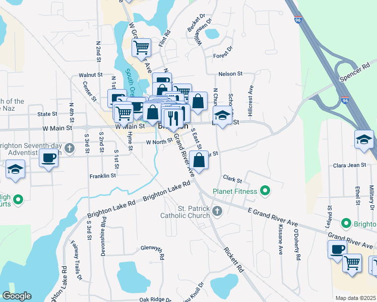 map of restaurants, bars, coffee shops, grocery stores, and more near 225 East Grand River Road in Brighton