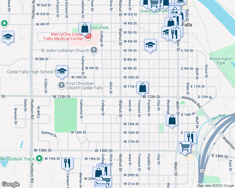 map of restaurants, bars, coffee shops, grocery stores, and more near 709 West 12th Street in Cedar Falls