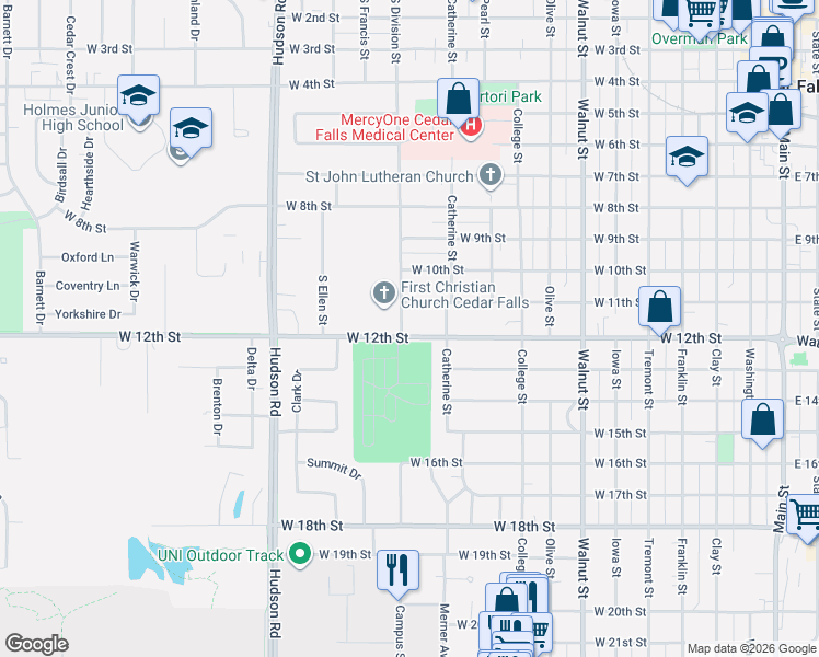 map of restaurants, bars, coffee shops, grocery stores, and more near 1203 West 12th Street in Cedar Falls