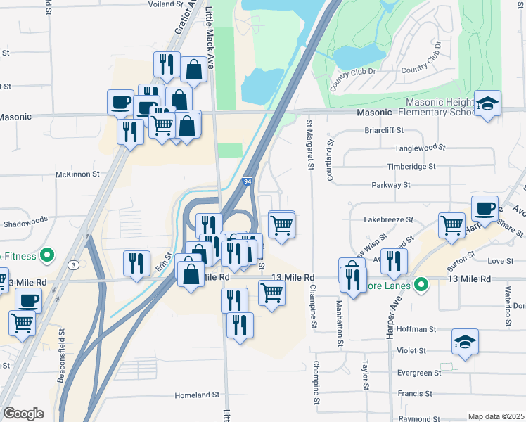 map of restaurants, bars, coffee shops, grocery stores, and more near 20855 Flora Street in St. Clair Shores