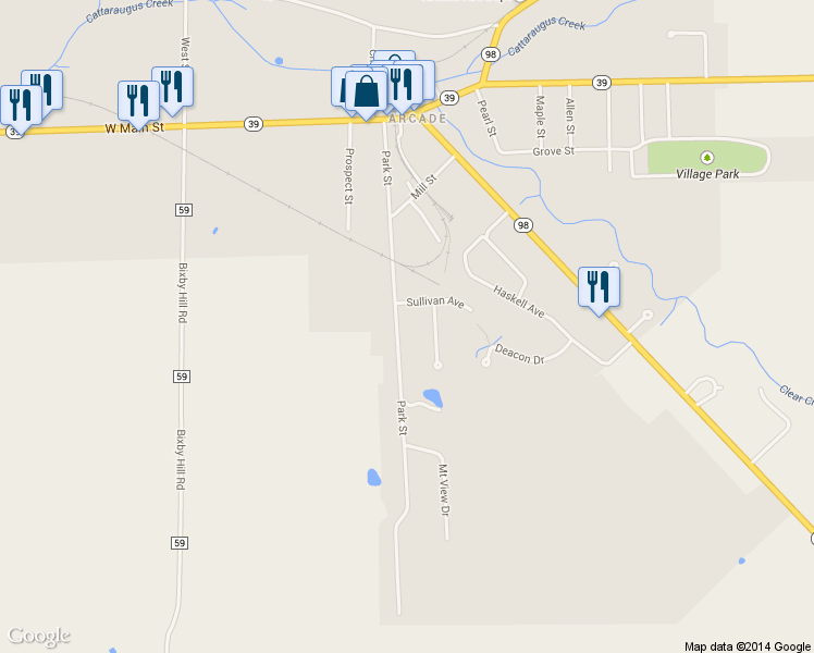 map of restaurants, bars, coffee shops, grocery stores, and more near 166 Park St in Arcade