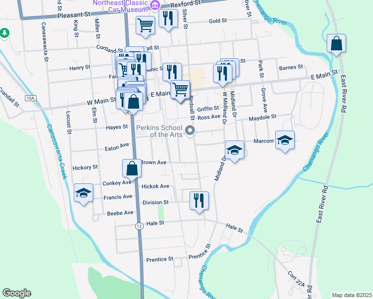 map of restaurants, bars, coffee shops, grocery stores, and more near 52 Birdsall St in Norwich