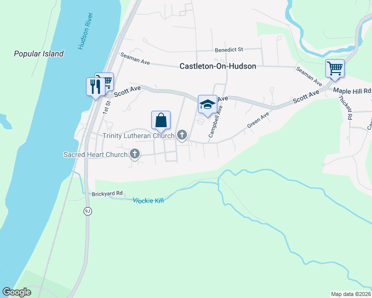map of restaurants, bars, coffee shops, grocery stores, and more near 2 Morgan Terrace in Castleton-on-Hudson