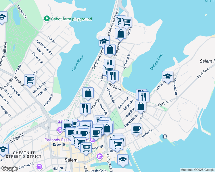 map of restaurants, bars, coffee shops, grocery stores, and more near 3 Pleasant Street in Salem