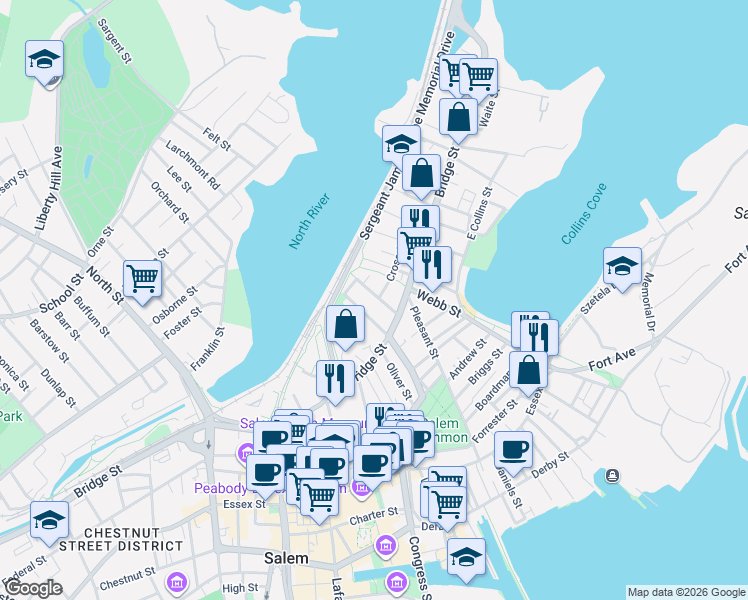 map of restaurants, bars, coffee shops, grocery stores, and more near 9 Lemon Street in Salem