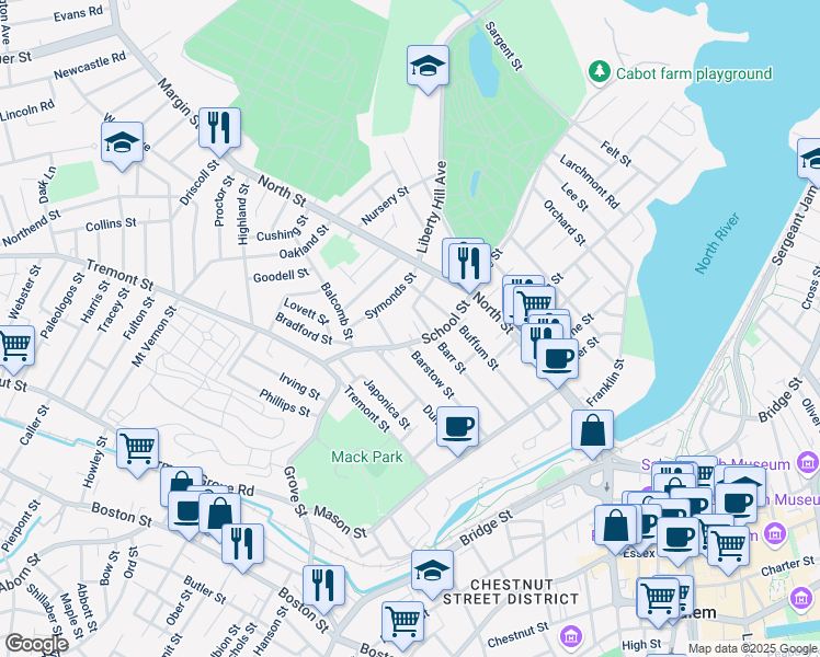 map of restaurants, bars, coffee shops, grocery stores, and more near 48 School Street in Salem