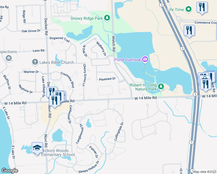 map of restaurants, bars, coffee shops, grocery stores, and more near 237 Winslow Circle in Commerce Charter Township