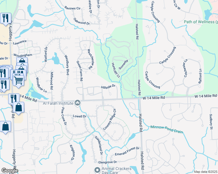 map of restaurants, bars, coffee shops, grocery stores, and more near 7128 Hillside Drive in West Bloomfield