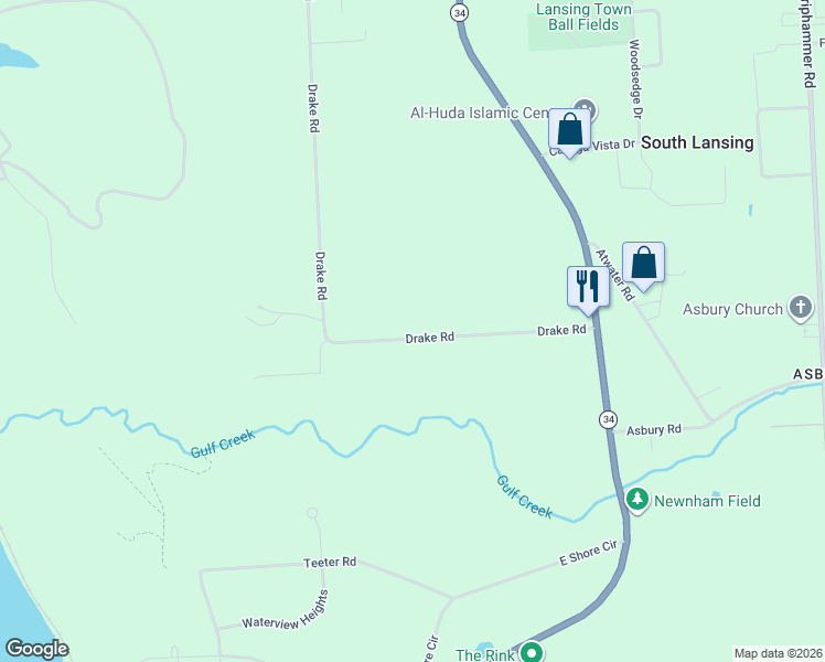 map of restaurants, bars, coffee shops, grocery stores, and more near 75 Drake Rd in Lansing