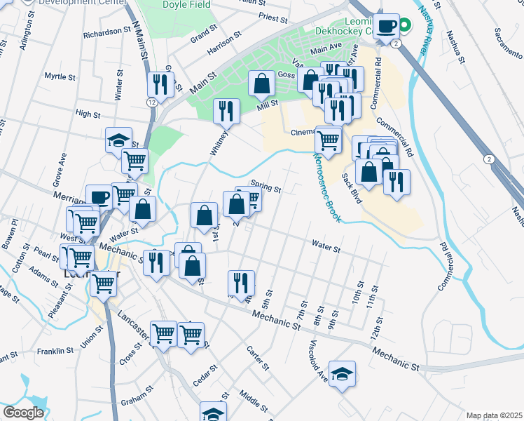 map of restaurants, bars, coffee shops, grocery stores, and more near 48 3rd Street in Leominster