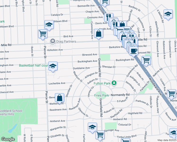 map of restaurants, bars, coffee shops, grocery stores, and more near 32450 Sheridan Drive in Beverly Hills
