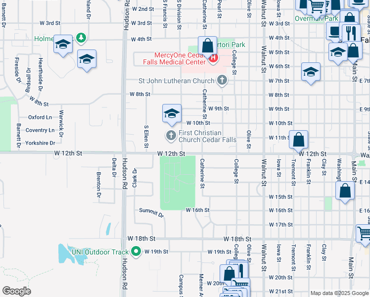 map of restaurants, bars, coffee shops, grocery stores, and more near 1120 South Division Street in Cedar Falls
