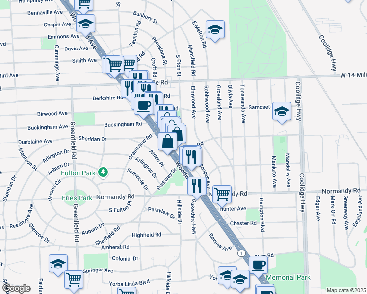 map of restaurants, bars, coffee shops, grocery stores, and more near 4319 Cooper Avenue in Royal Oak