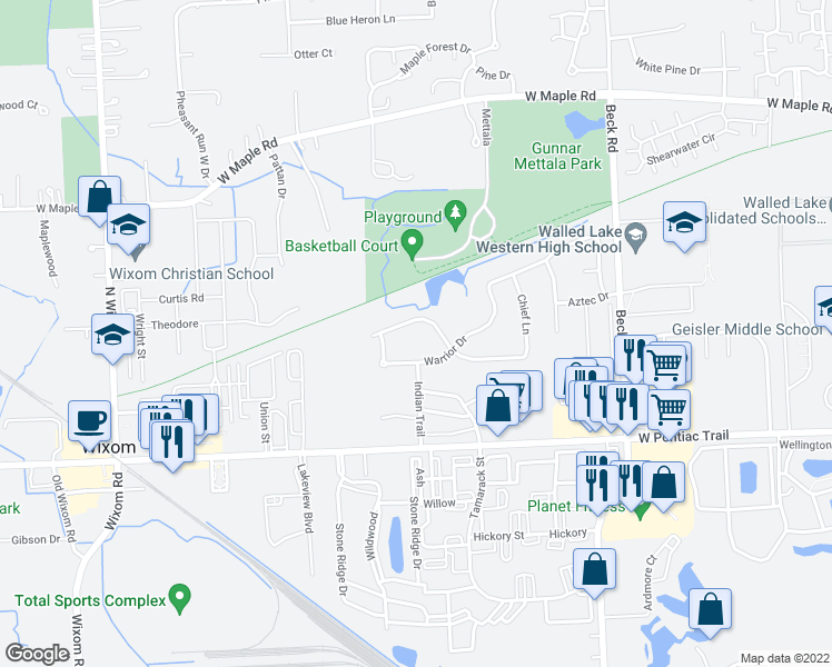map of restaurants, bars, coffee shops, grocery stores, and more near 2825 Apache Trail in Wixom