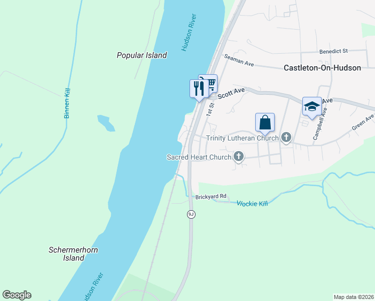 map of restaurants, bars, coffee shops, grocery stores, and more near 114 South Main Street in Castleton-on-Hudson
