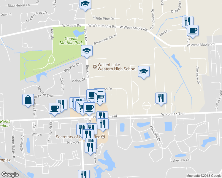 map of restaurants, bars, coffee shops, grocery stores, and more near West Midway Court. in Commerce Charter Township