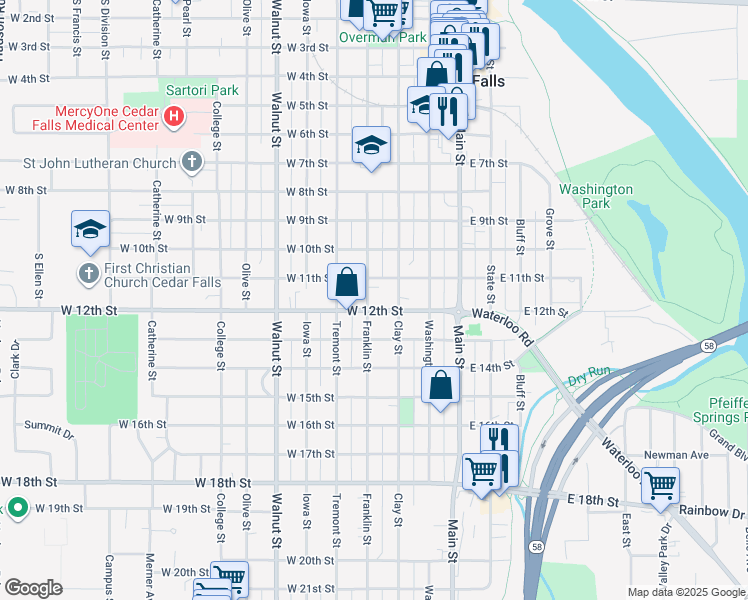 map of restaurants, bars, coffee shops, grocery stores, and more near 1116 Franklin Street in Cedar Falls