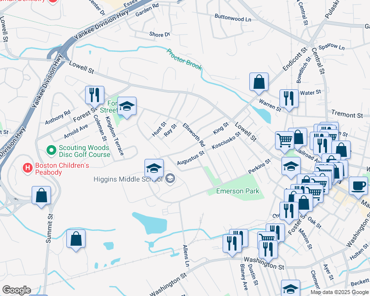 map of restaurants, bars, coffee shops, grocery stores, and more near 45 King Street in Peabody