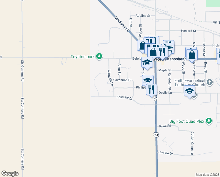 map of restaurants, bars, coffee shops, grocery stores, and more near 307 Windmill Lane in Walworth