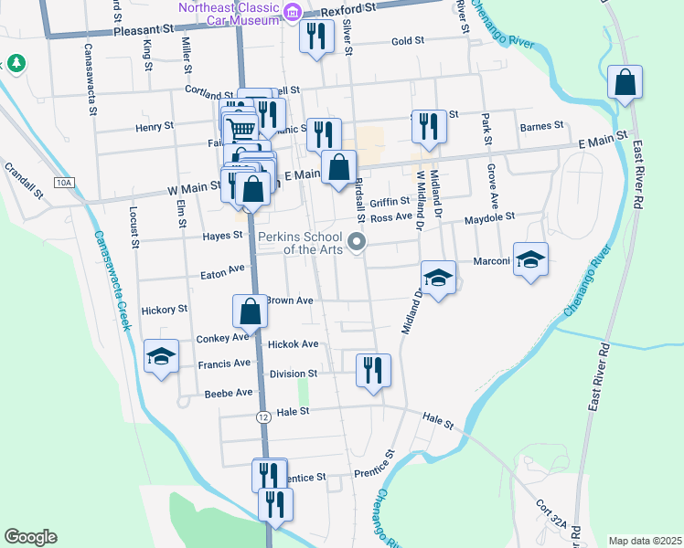 map of restaurants, bars, coffee shops, grocery stores, and more near 52 Birdsall Street in Norwich
