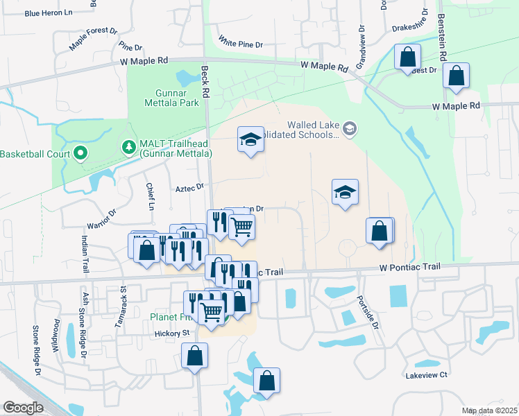 map of restaurants, bars, coffee shops, grocery stores, and more near Addington Drive in Walled Lake