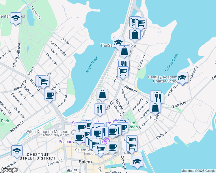 map of restaurants, bars, coffee shops, grocery stores, and more near 8 Lemon Street in Salem
