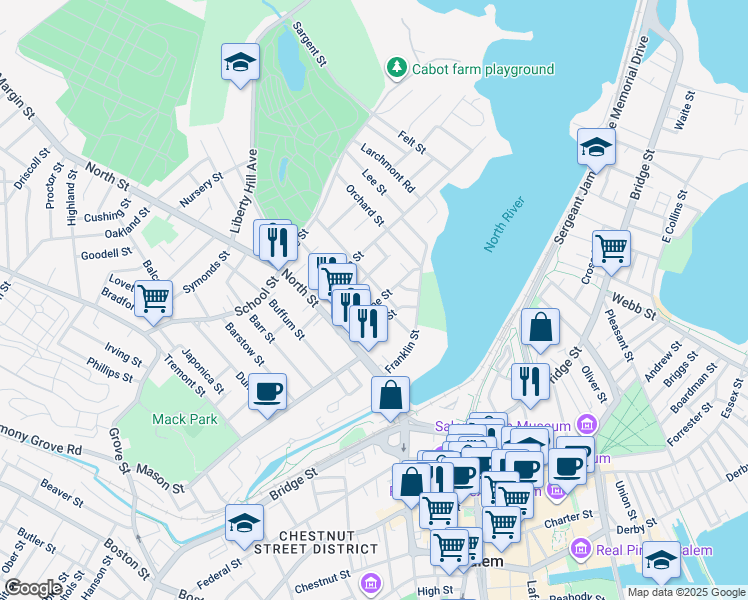 map of restaurants, bars, coffee shops, grocery stores, and more near 4 Upham Street in Salem