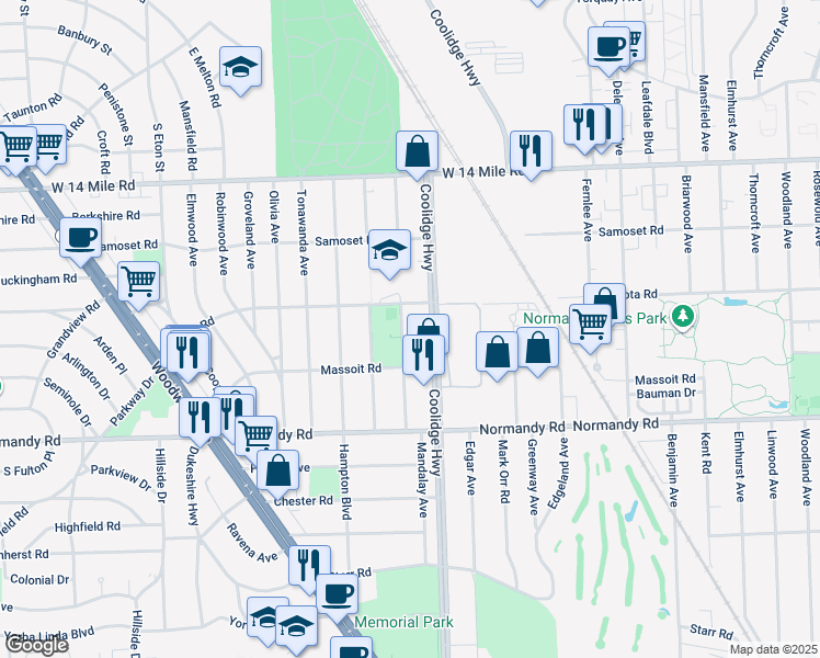 map of restaurants, bars, coffee shops, grocery stores, and more near 4336 Mandalay Avenue in Royal Oak