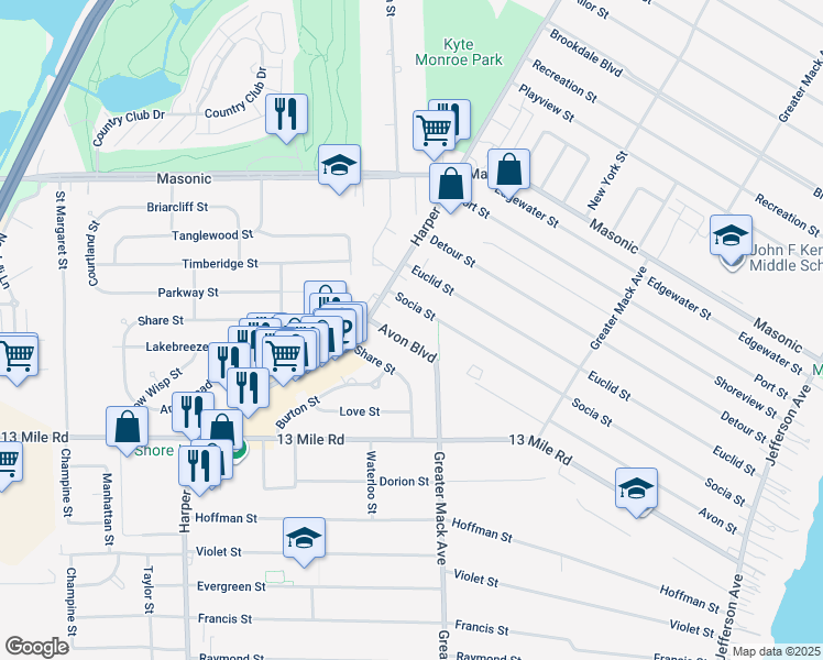 map of restaurants, bars, coffee shops, grocery stores, and more near 22305 Avon Street in St. Clair Shores
