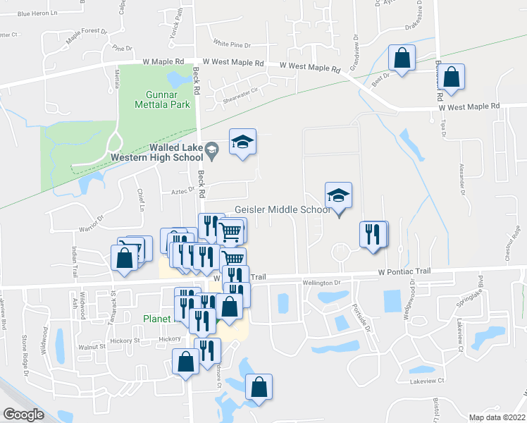 map of restaurants, bars, coffee shops, grocery stores, and more near 7210 Addington Drive in Commerce Charter Township