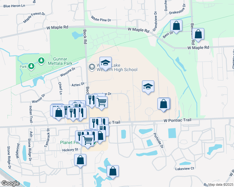 map of restaurants, bars, coffee shops, grocery stores, and more near 5211 Addington Drive in Commerce Charter Township