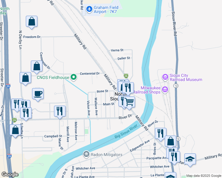 map of restaurants, bars, coffee shops, grocery stores, and more near 202 Rose Street in North Sioux City