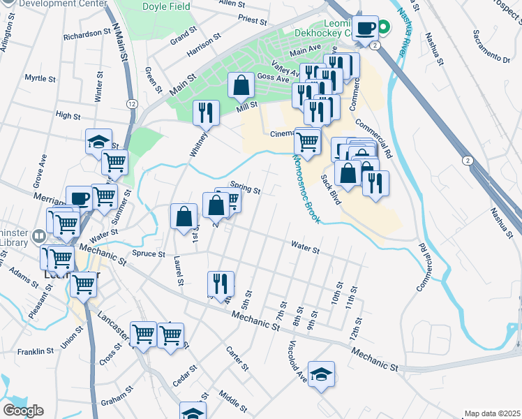 map of restaurants, bars, coffee shops, grocery stores, and more near 54 4th Street in Leominster