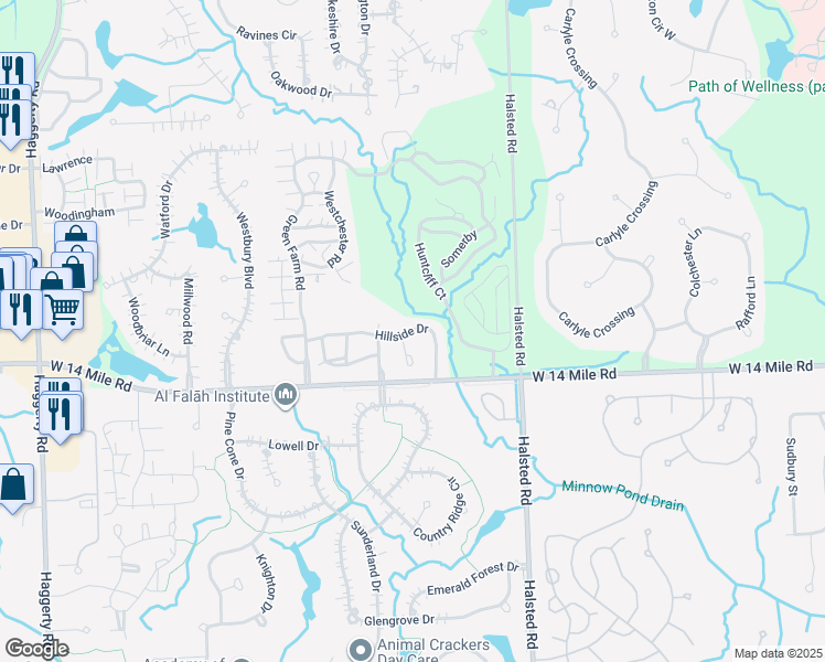 map of restaurants, bars, coffee shops, grocery stores, and more near 7070-7132 Hillside Drive in West Bloomfield Township