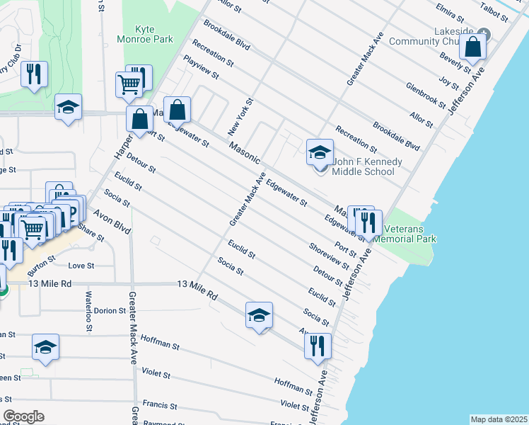 map of restaurants, bars, coffee shops, grocery stores, and more near 23025 Shoreview Street in St. Clair Shores