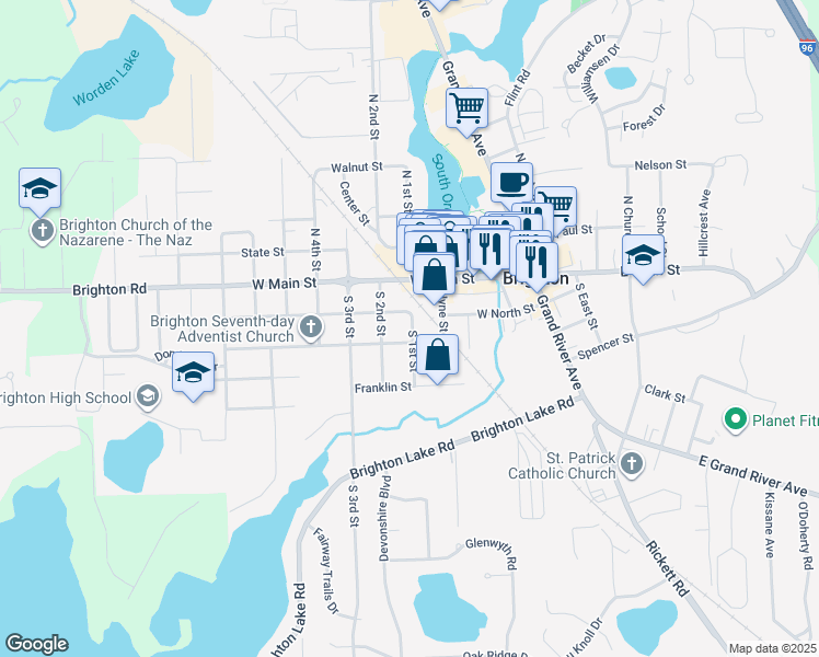 map of restaurants, bars, coffee shops, grocery stores, and more near 210 South 1st Street in Brighton