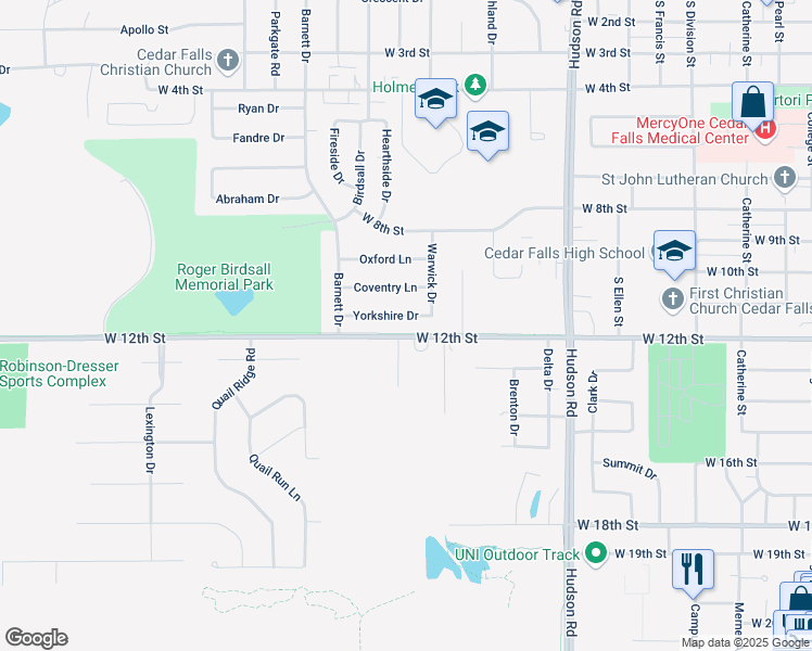 map of restaurants, bars, coffee shops, grocery stores, and more near 2126 Yorkshire Drive in Cedar Falls