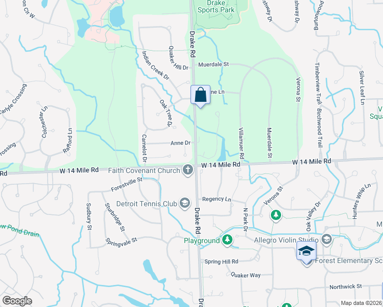 map of restaurants, bars, coffee shops, grocery stores, and more near 7453 Anne Court in West Bloomfield Township