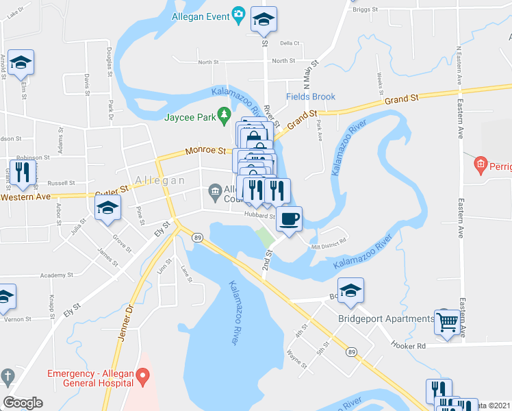 map of restaurants, bars, coffee shops, grocery stores, and more near 109 Locust St in Allegan