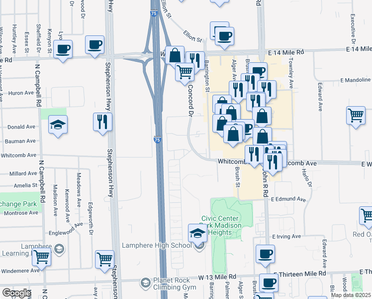 map of restaurants, bars, coffee shops, grocery stores, and more near 32112 Concord Drive in Madison Heights