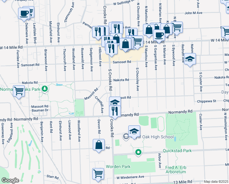 map of restaurants, bars, coffee shops, grocery stores, and more near 647 South Crooks Road in Clawson