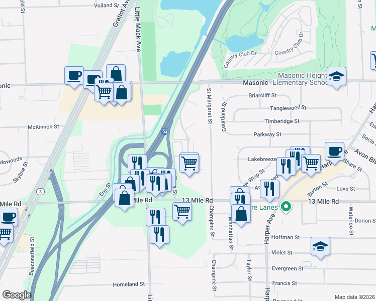 map of restaurants, bars, coffee shops, grocery stores, and more near 31651 Nardelli Lane in Roseville
