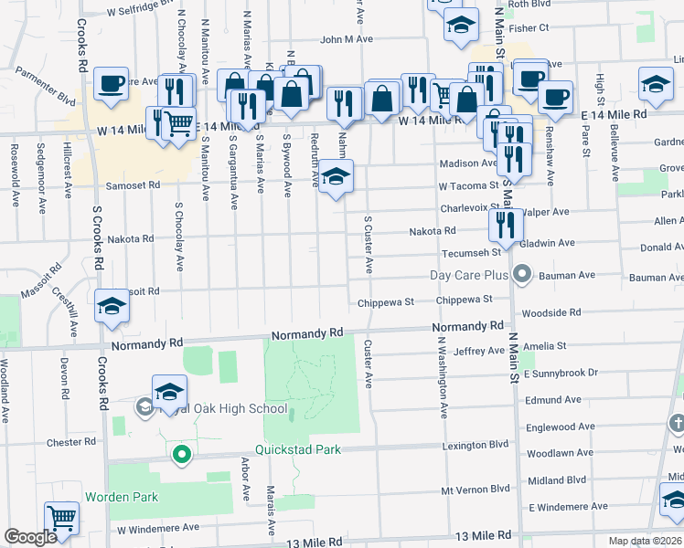 map of restaurants, bars, coffee shops, grocery stores, and more near 638 Nahma Avenue in Clawson