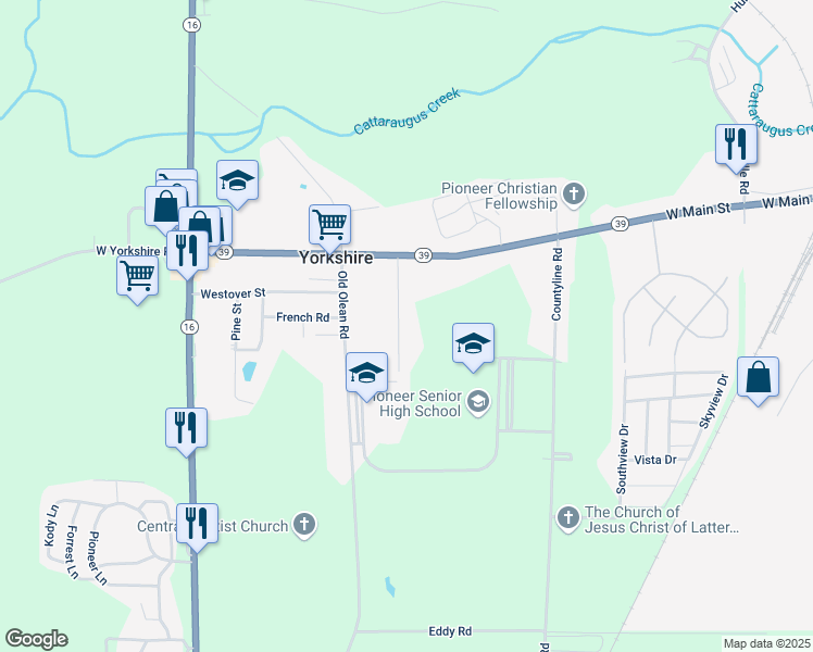 map of restaurants, bars, coffee shops, grocery stores, and more near 12190 Church Street in Delevan