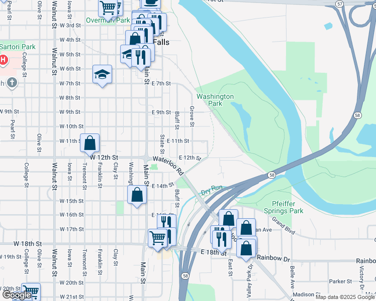 map of restaurants, bars, coffee shops, grocery stores, and more near 1115 Grove St in Cedar Falls